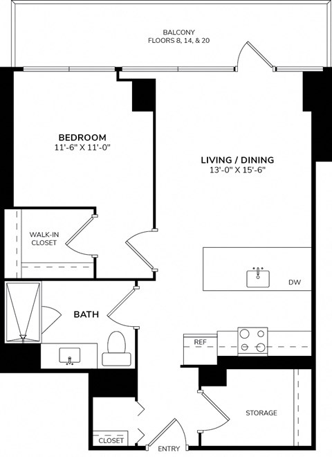 Floor plan for 1 bed, 1 bath, 785 sqft